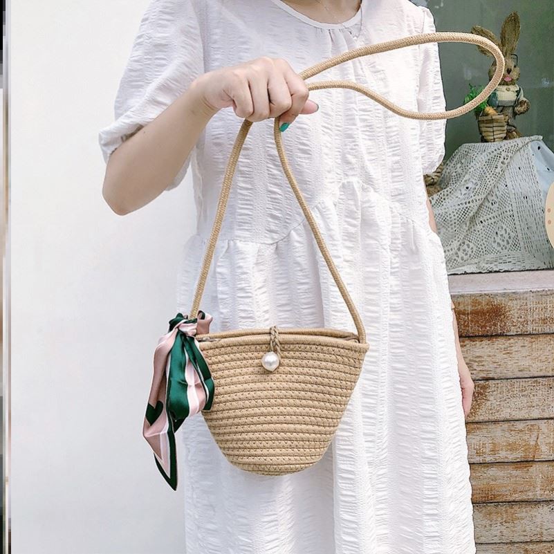 Túi đeo chéo đan rơm đính ngọc trai nhân tạo đơn giản thời trang hè đi biển thời trang cho nữ