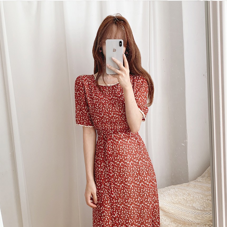 Váy dáng dài tay ngắn hoa cổ vuông ren , Đầm nữ Vintage Quảng Châu cộc tay hoa nhí kiểu ulzzang (ảnh thật) | BigBuy360 - bigbuy360.vn