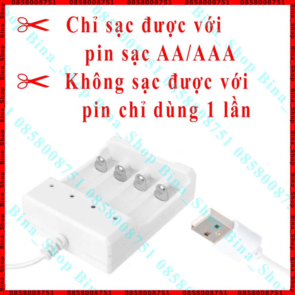 Bộ sạc pin tiểu AA/AAA 2 khe/4 khe, box sạc pin cổng USB tiện dụng