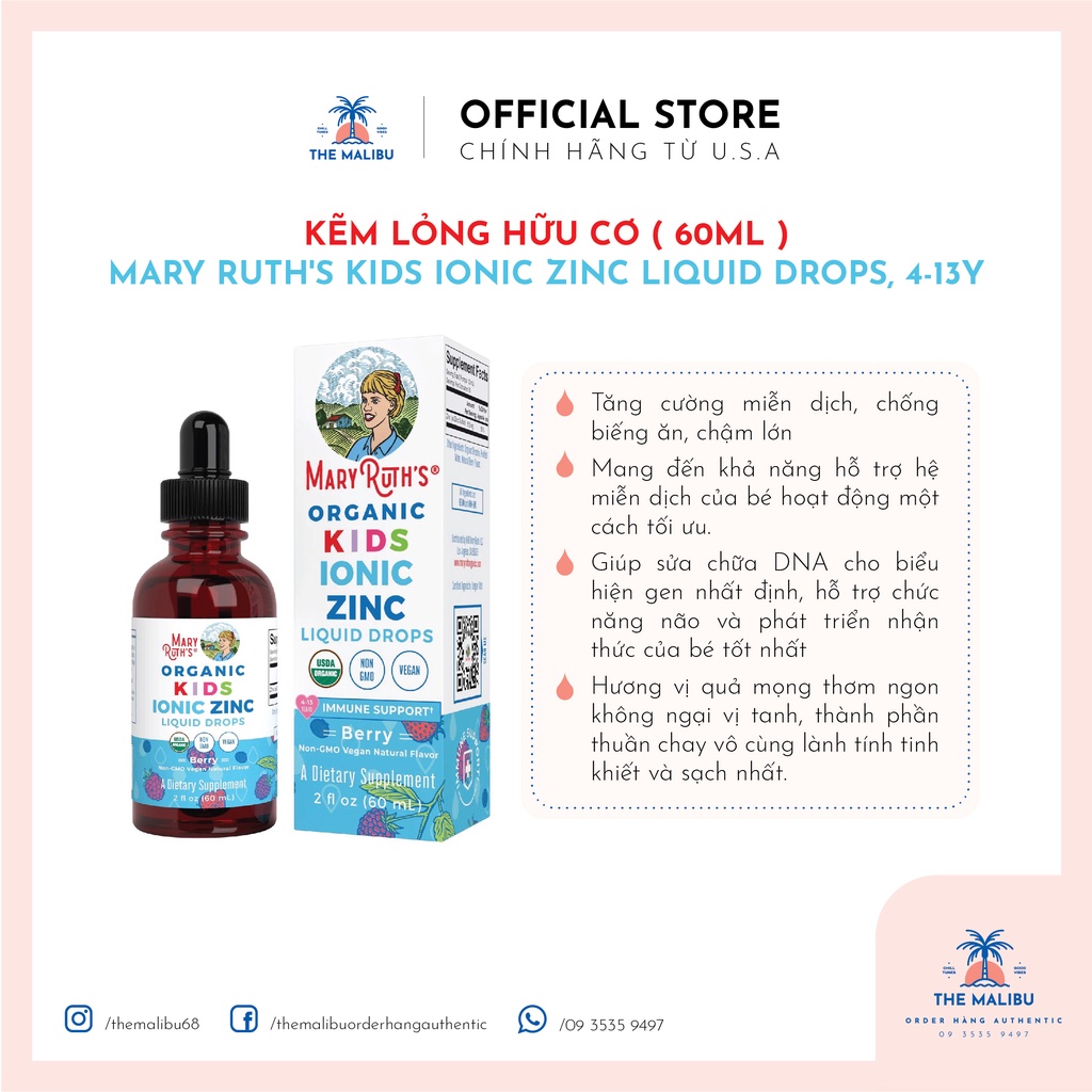 Kẽm lỏng hữu cơ Mary Ruth's Kids Ionic Zinc Liquid Drops, 4-13y