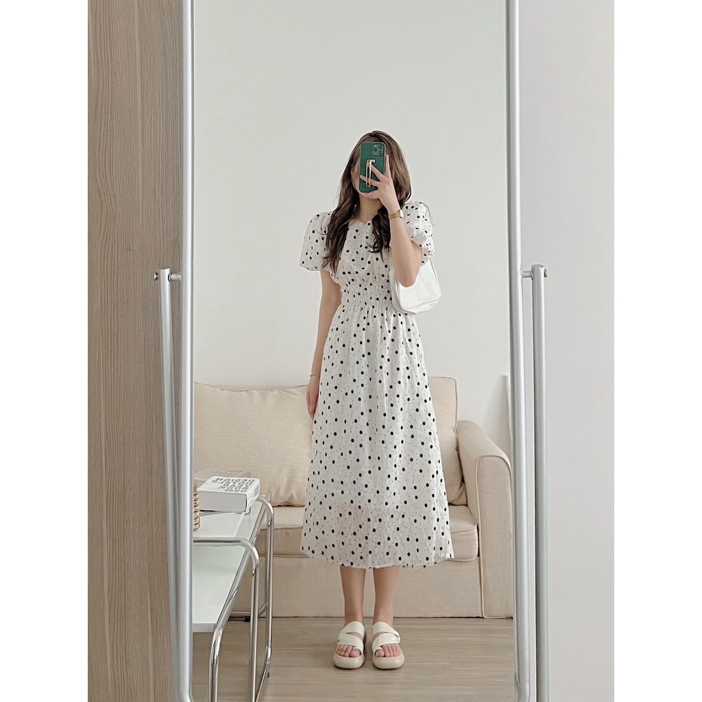 Váy tơ hoa bo chun eo tôn dáng Hàn Quốc