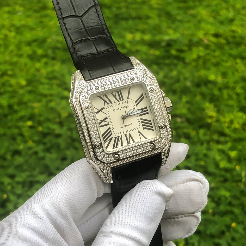Đồng Hồ Nam CTR Viền Đá, Mặt Vuông 41x41mm, Máy Cơ Automatic Nhật, Chống Nước 5ATM