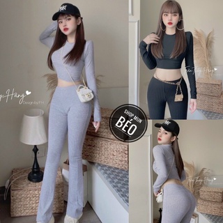 [MẪU MỚI] Set Bộ Quần Dài Ống Loe Kèm Áo Croptop Tay Dài Chất Thun Gân Chính Phẩm Thích Hợp Mặc Đi Tiệc Đi Làm Đi Chơi