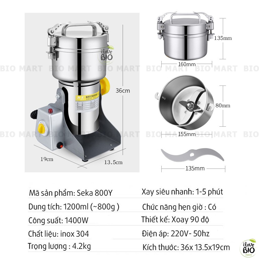 Máy xay bột khô đa năng siêu mịn SEKA 800Y - Máy nghiền đồ khô, bột, ngũ cốc, gạo, thịt cá INOX 304 1400W - BIO206