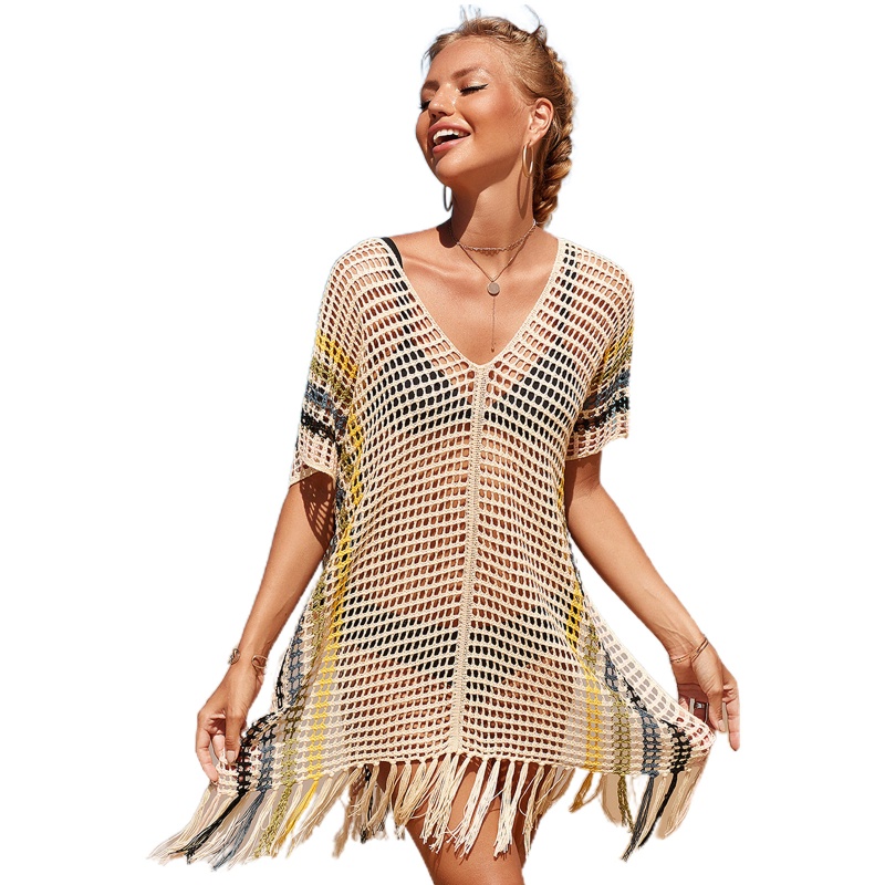 Brroa Đầm Dệt Kim Tay Ngắn Dáng Rộng Cổ Chữ V Màu Cầu Vồng Thời Trang Đi Biển Mùa Hè Cho Nữ