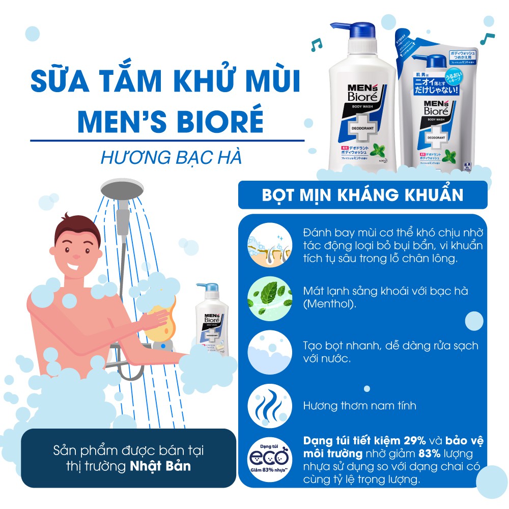 Sữa Tắm Khử Mùi Men's Biore Body Wash Deodorant Mint Bạc Hà Mát Lạnh Dạng Túi 380ml