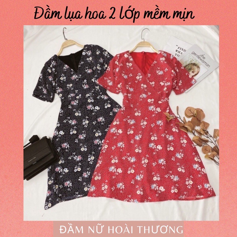Đầm lụa hoa 2 lớp cổ V tay lỡ kiểu dáng vintage
