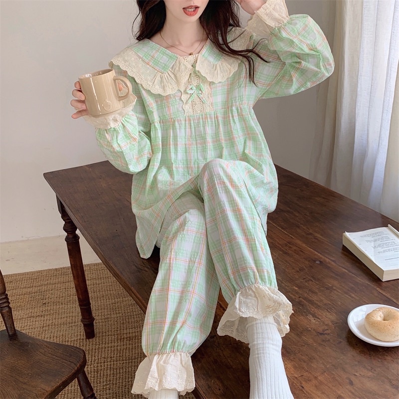 Đồ Ngủ Style Hàn Quốc - Đồ Bộ Nữ Mặc Nhà Tiểu Thư Cổ Phối Ren Bèo Dài Tay Công Chúa Ulzzang