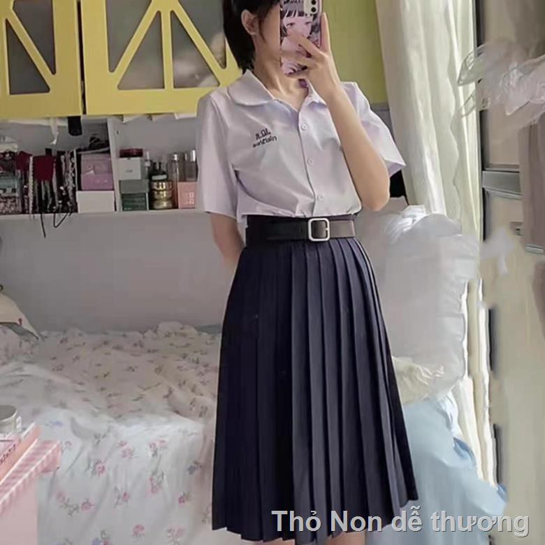 ♚Đồng phục học sinh kiểu Thái Lan hai mảnh màu oải hương JK áo sơ mi thêu rời + váy xếp ly đen thời trang [vận chu