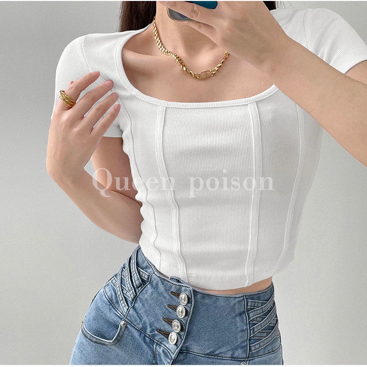 Áo thun COZOK tay ngắn cổ vuông thiết kế ôm phong cách cổ điển thời trang