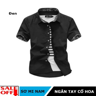 Áo sơ mi Nam ngắn tay cổ hoa màu đen