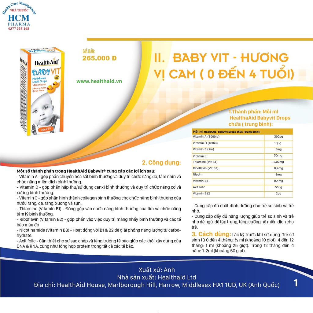 Vitamin D3 drop tăng chiều cao sức đề kháng cho bé dưới 4 tuổi BABYVIT bổ sung multivitamin cho trẻ sơ sinh nhập khẩu UK