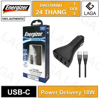 Sạc ô tô energizer 35w 2 usb / 1 usb-c power delivery 18w pd kèm cáp usb-c 2.0-dc21pgucc3