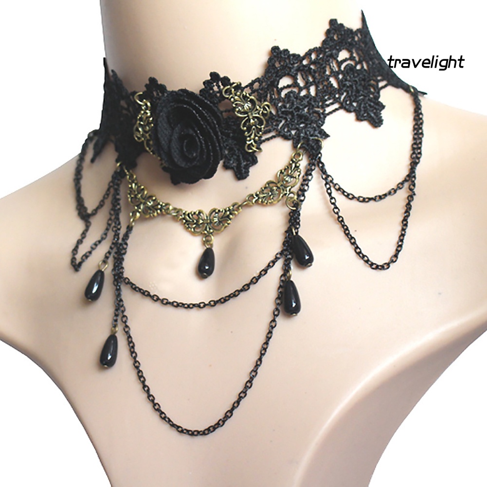 Vòng Cổ Choker Phối Ren Hoa Hồng Thời Trang Cho Nữ