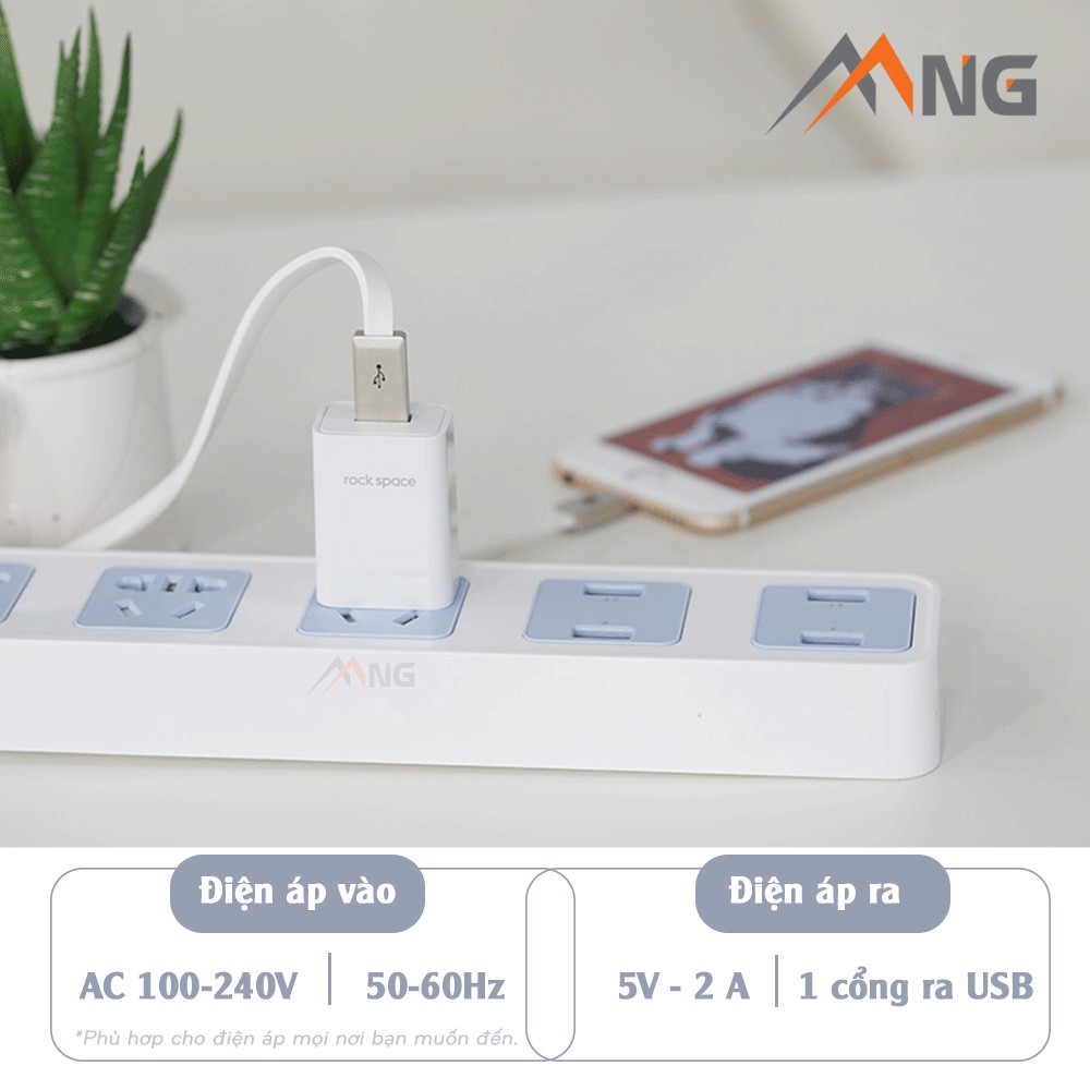 Củ sạc Rockspace T6 plus 2A 1 cổng USB - Hàng chính hãng bảo hành 12 tháng