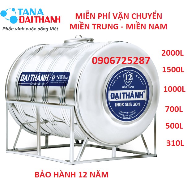 Bồn nước inox304 nằm cao cấp Đại Thành 310L-2000L, Bảo hành chính hãng 10 năm