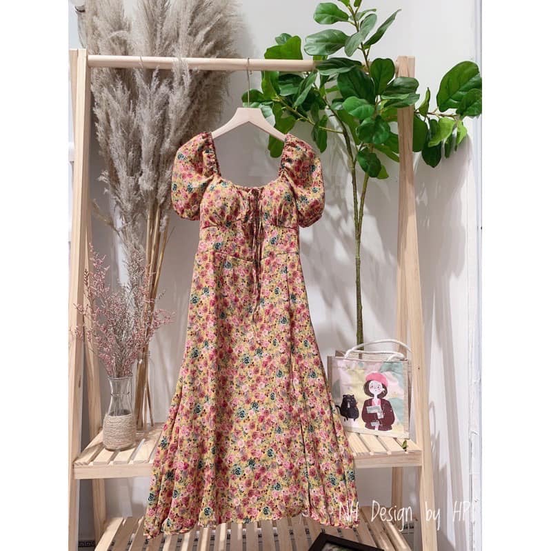 Váy Hoa Nhí Dáng Dài Nhún Vai Xẻ Tà Siêu Tôn Dáng