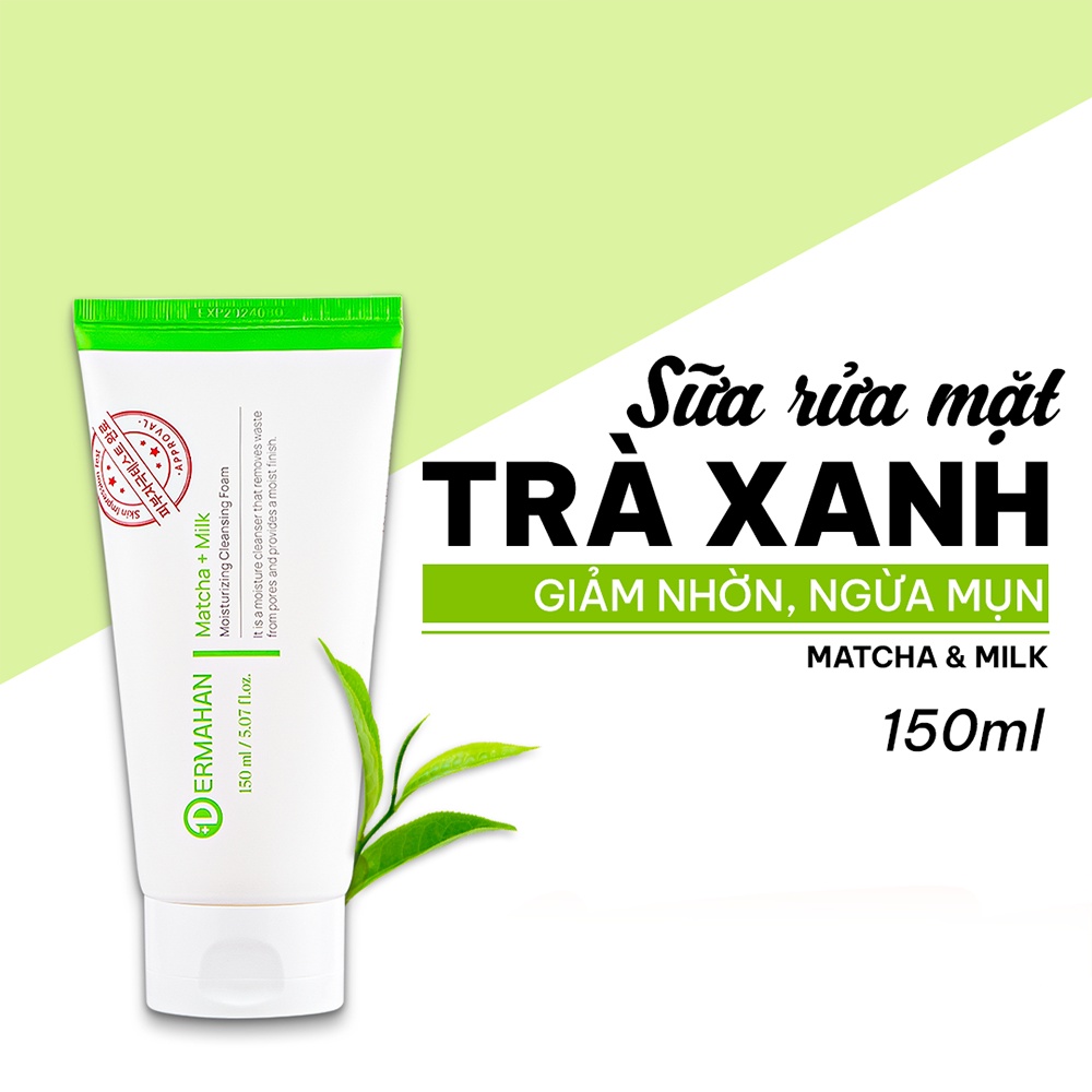 Sữa Rửa Mặt Dermahan Trà Xanh, Vitamin C, Lúa Mạch Đen Matcha & Milk Cleansing Foam 150ml