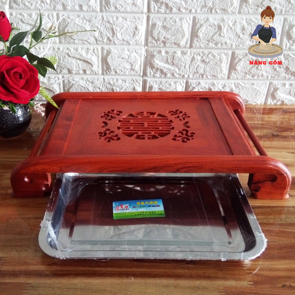 Khay trà cuốn gỗ hương ta màu đỏ kèm khay inox hứng nước sang trọng Nàng Gốm Bát Tràng