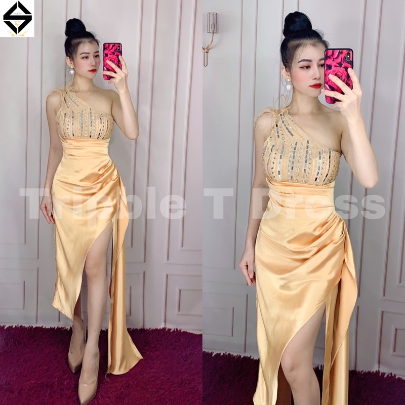 Đầm body lệch vai phối lông công tua rua kết cườm tráng gương TRIPBLE T DRESS - size M/L - MS358V