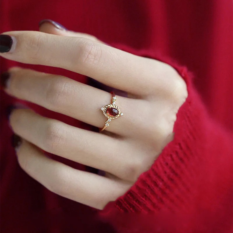 Nhẫn Đeo Tay Bạc 925 Đính Đá Pha Lê Đỏ Phong Cách Retro Thời Trang Hàn Quốc