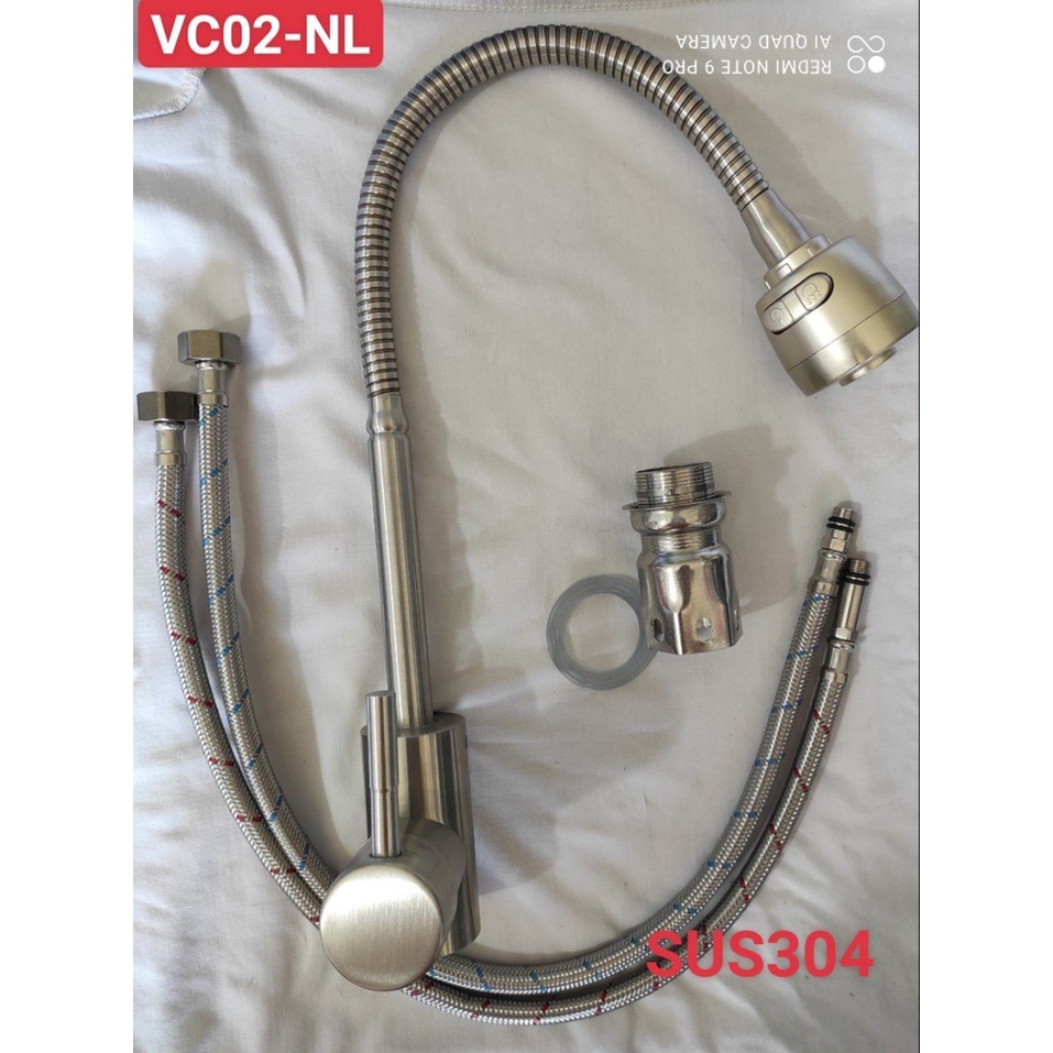 Vòi rửa chén lạnh-nóng lạnh lò xo dẻo inox 304 đầu chỉnh tăng áp 2 chế độ