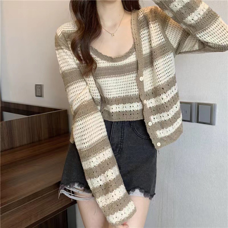Set áo cardigan kẻ len mongtoghi phong cách Quảng Châu chất đẹp cực xinh ST04