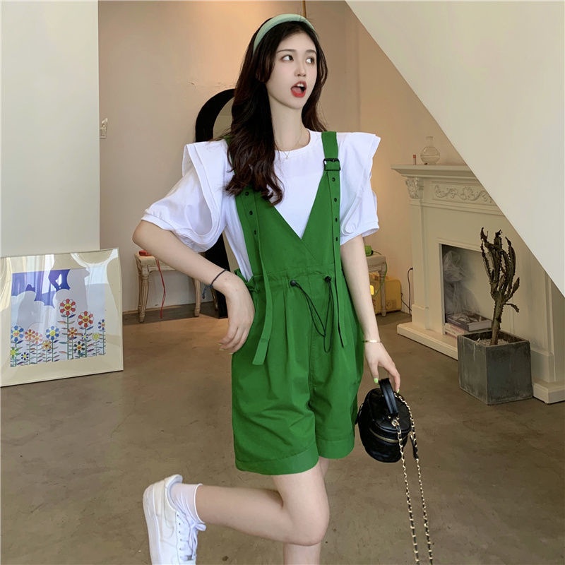 Set Áo Thun Ngắn Tay Form Rộng Và Quần Yếm Lưng Cao Thời Trang Dành Cho Nữ