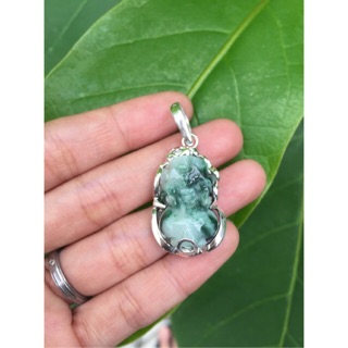 Mặt Tỳ Hưu đá cẩm thạch, ngọc sơn thuỷ bọc bạc ta