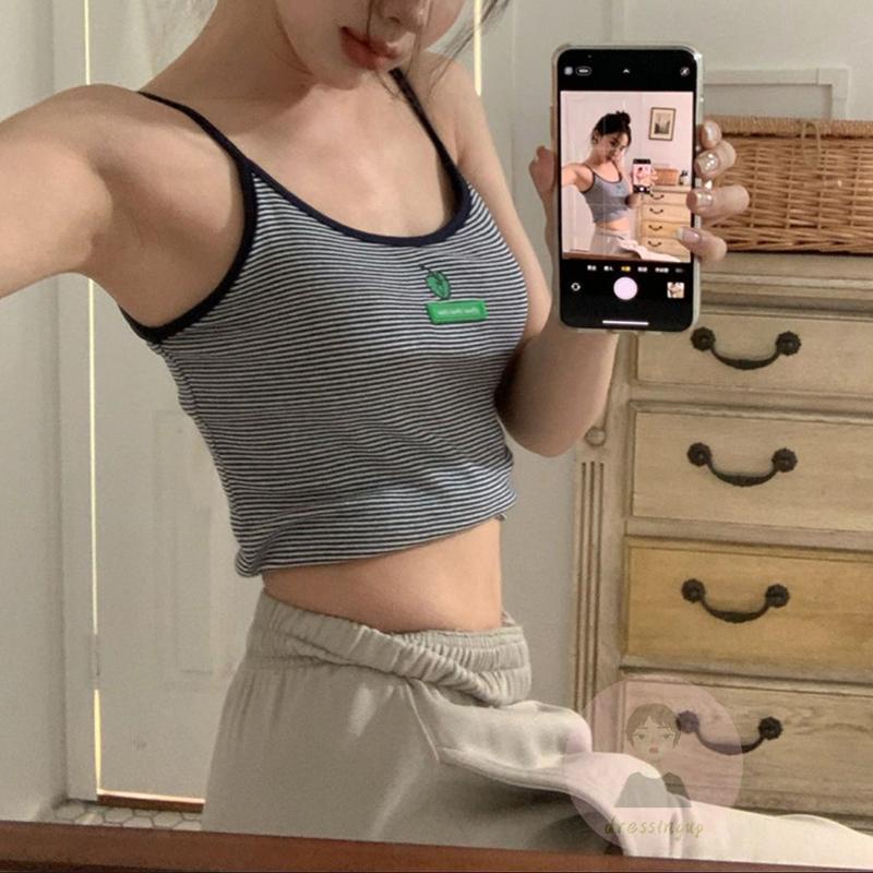 Áo Thun Ba Lỗ Cổ Chữ U Họa Tiết Kẻ Sọc Màu Sắc Tương Phản Thời Trang Mùa Hè Cho Nữ