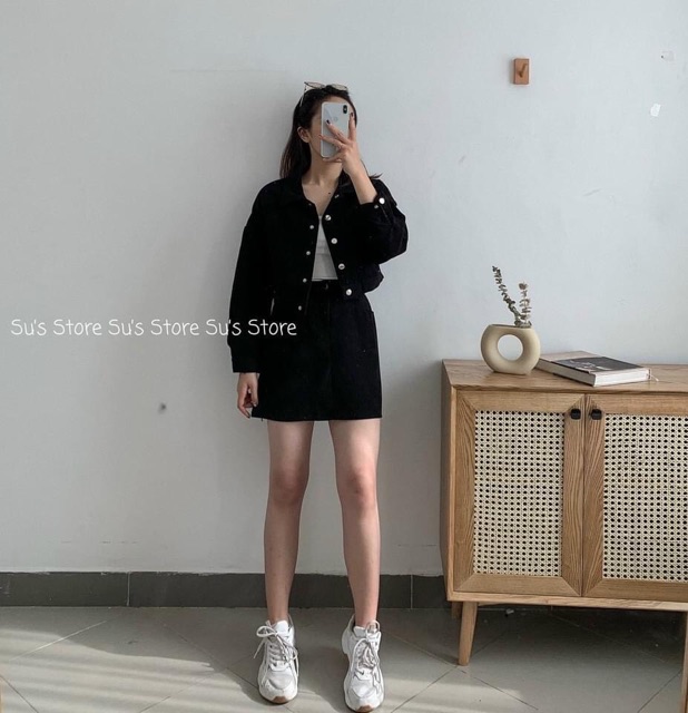 Tb  - Set áo khoác croptop chân váy Nhung tăm