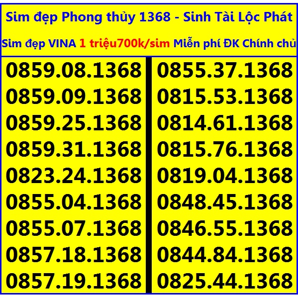 SỐ ĐẸP 1368 Phong thủy Sanh Tài Lộc Phát Vinaphone GIÁ 1triệu700k HỖ TRỢ ĐĂNG KÝ CHÍNH CHỦ