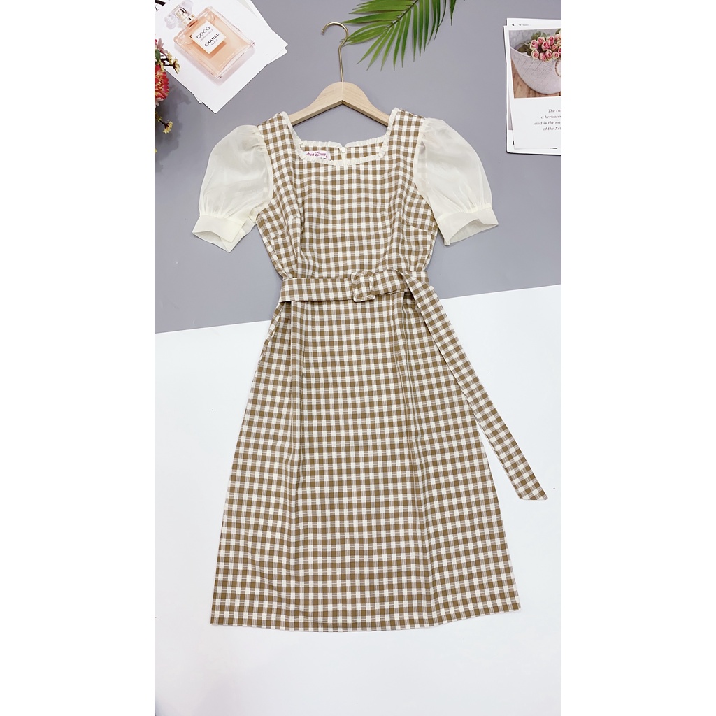 [Mã LT50 giảm 50k đơn 250k] Váy dáng a công sở kẻ caro cổ vuông tay voan có dây đai eo thương hiệu thời trang evalover | BigBuy360 - bigbuy360.vn