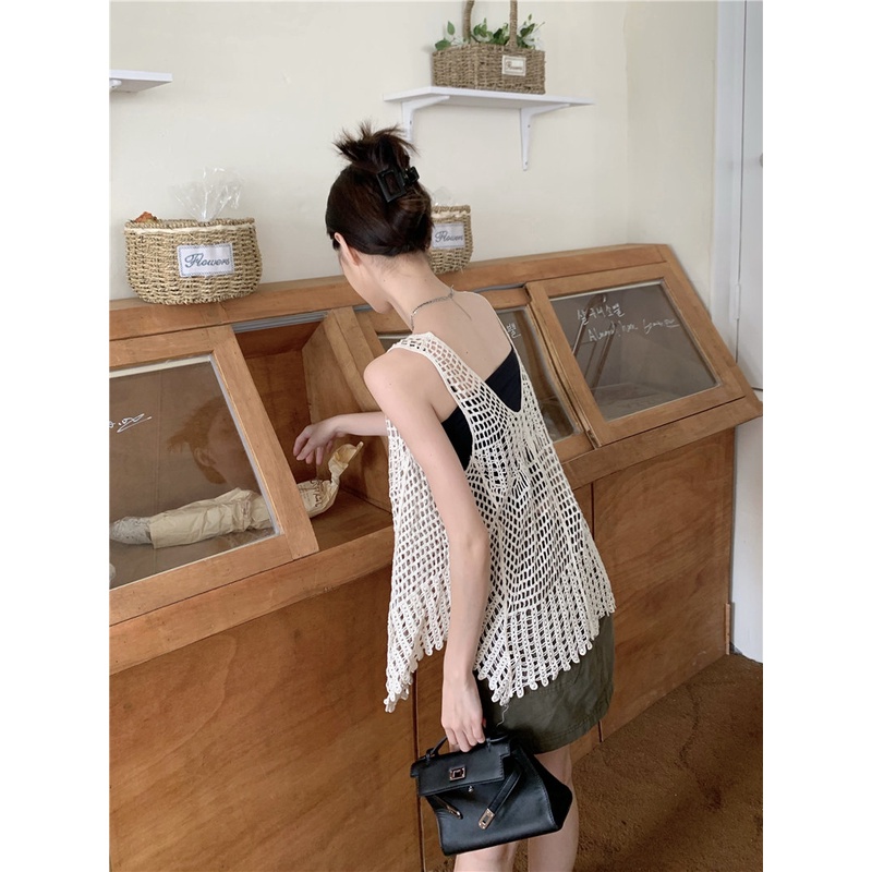 Áo Dệt Kim Sát Nách Dáng Rộng Phối Lỗ Thời Trang retro Hàn Quốc Cho Nữ