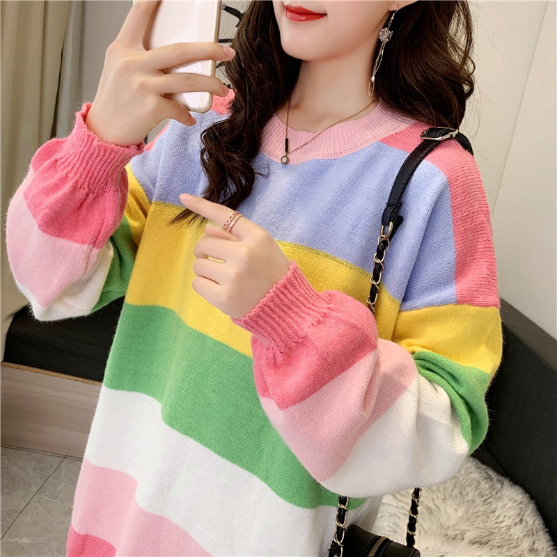 Đầm Len Midi Dài Tay Họa Tiết Cầu Vồng Thời Trang Dành Cho Nữ