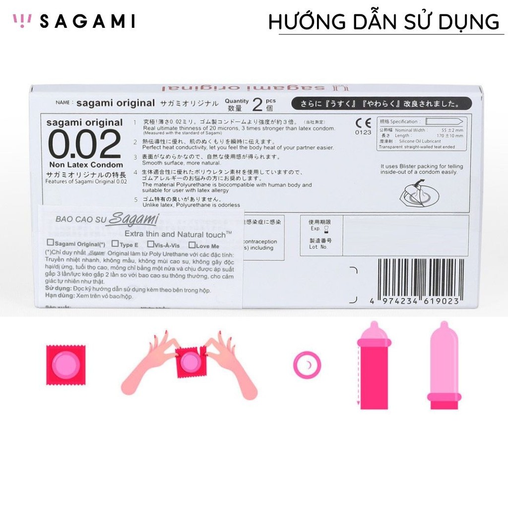 Bao cao su Sagami 002 Original  Siêu mỏng Non Latex Hộp 2 chiếc không mùi trong suốt chống tuột kéo dài thời gian