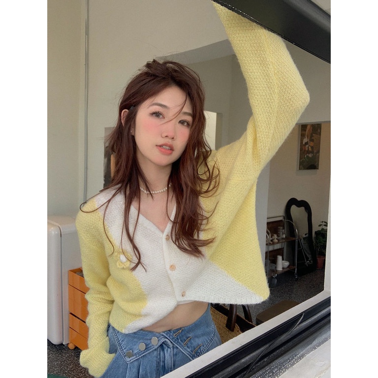 Áo cardigan Dệt Kim Họa Tiết Hoa Ba Chiều Màu Sắc Tương Phản Dành Cho Nữ