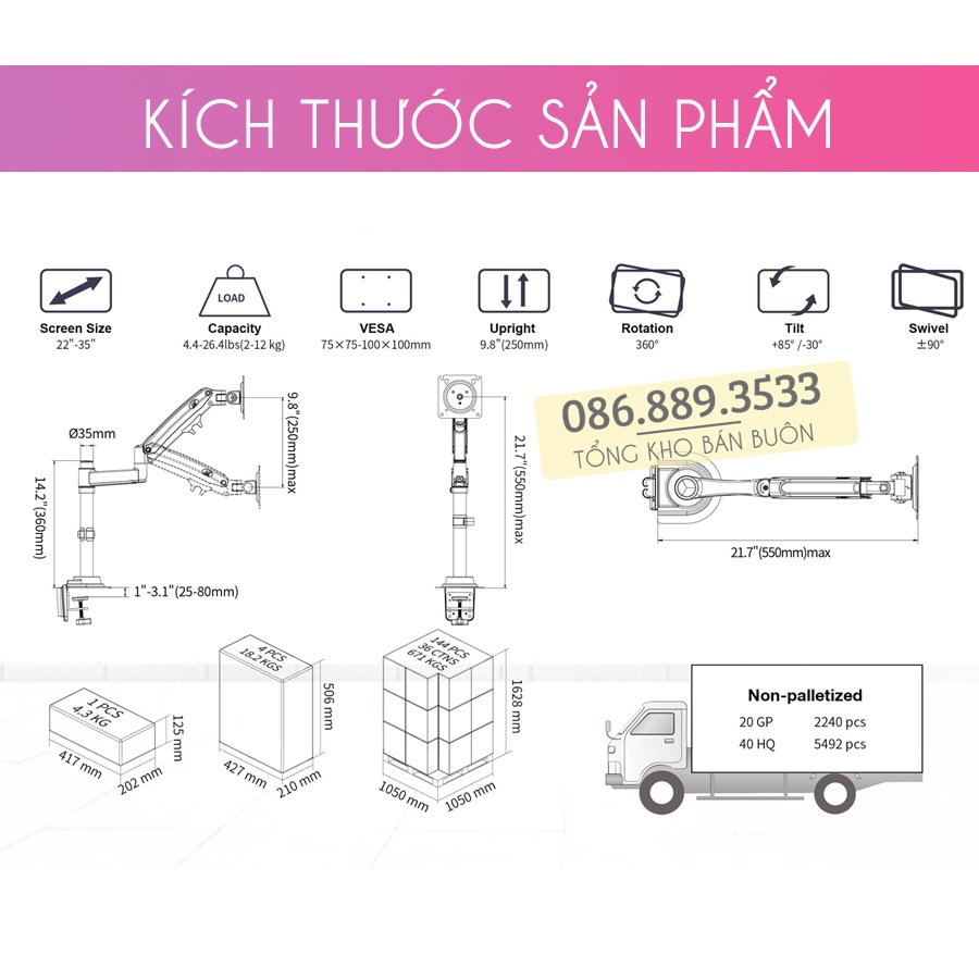 H100/ Giá Treo Màn hình máy tính NB H100 / Tay treo màn hình/