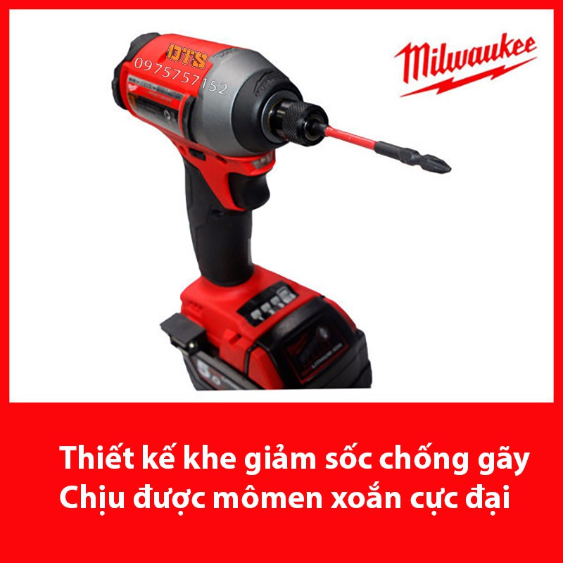 Mũi vít Milwaukee Mỹ siêu bền PH2 dài 110mm, mũi bắt vít 2 đầu 4 cạnh bake có nam châm từ siêu cứng, chống gỉ, chống tòe