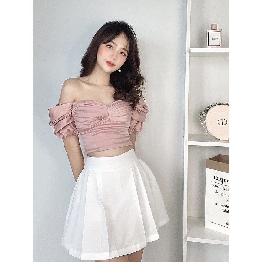 RECHIC Áo kiểu Jami màu hồng trễ vai xếp li ngực xinh xắn gợi cảm phối đồ dạo phố tiệc nhẹ