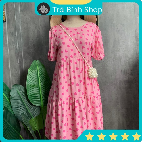 Váy suông tay bồng họa tiết hình trái tim hồng, đầm bầu thiết kế chất đũi xước mềm mát họa tiết tim hồng xinh xắn