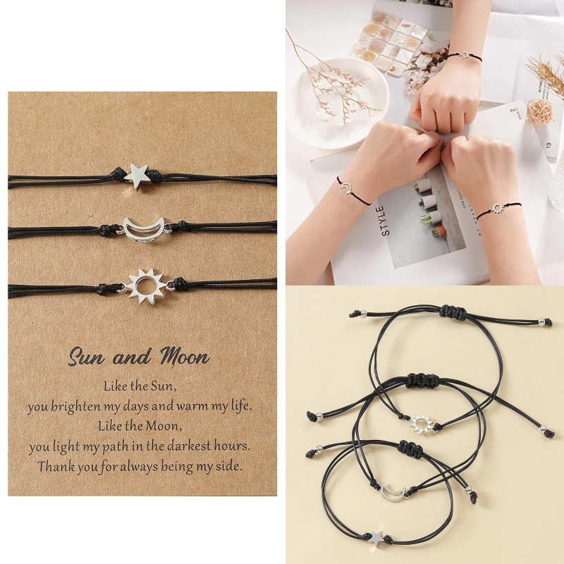 Bộ 3 Vòng Tay Dây Đen Mặt Hình Mặt Trăng/Ngôi Sao/Mặt Trời