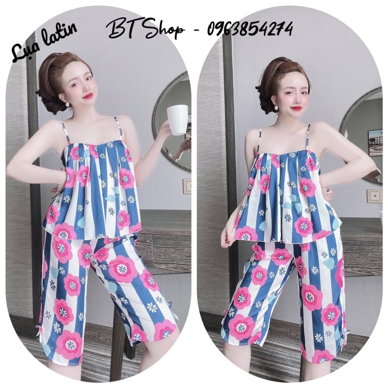 Đồ ngủ lụa latin áo 2 dây xếp ly quần lững freesize 42-57kg