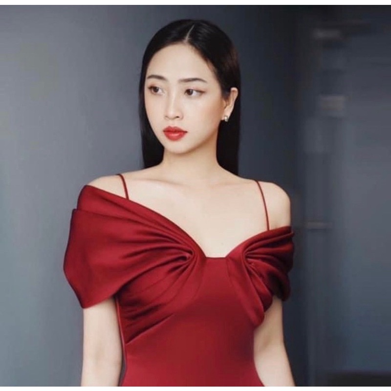 Đầm dự tiệc trễ vai lụa xẻ tà xếp ly sang trọng