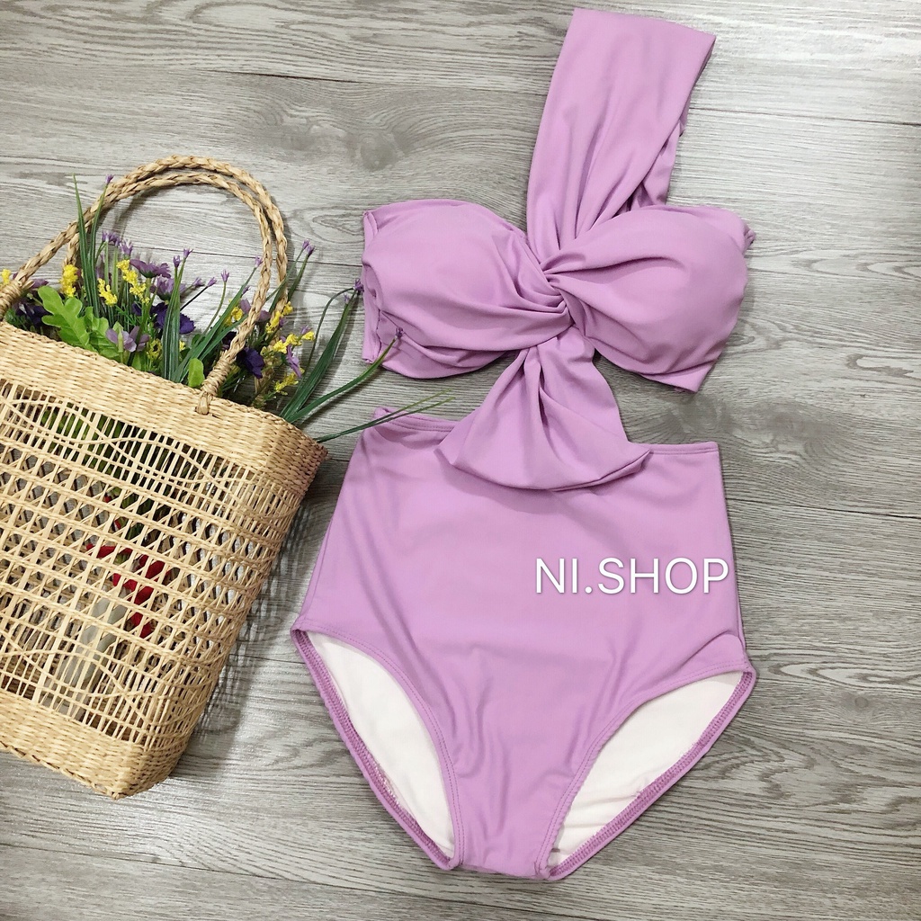 Bikini đồ bơi nữ 1 mảnh nơ ngực lệch vai quần cạp cao xinh xắn R16