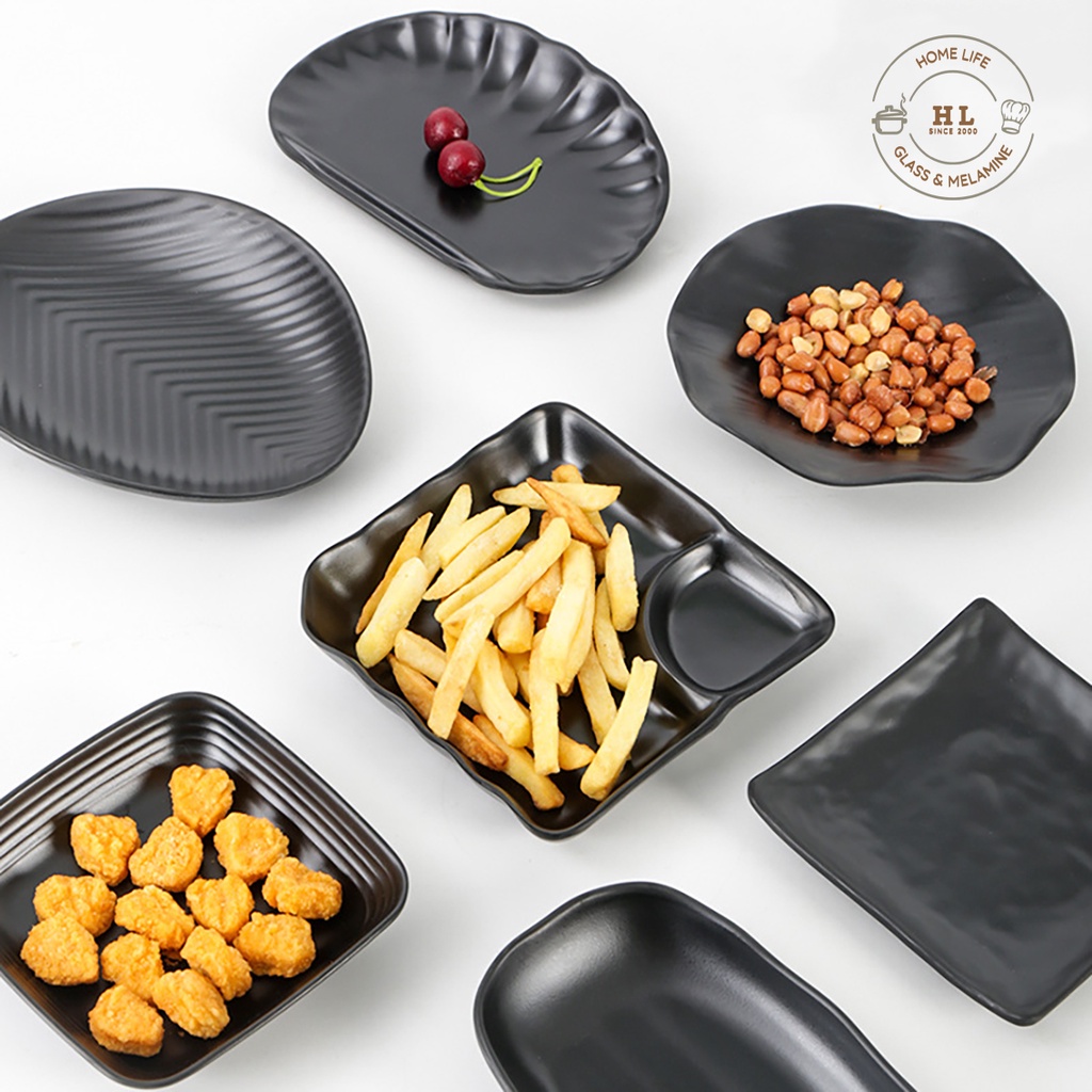 ĐĨA MELAMINE ĐEN A301 3111 CHỊU NHIỆT CÓ KHAY CHẤM CHO NHÀ HÀNG CAO CẤP | ĐĨA CHỮ NHẬT ĐEN NHÁM CHIA NGĂN MELAMINE A5