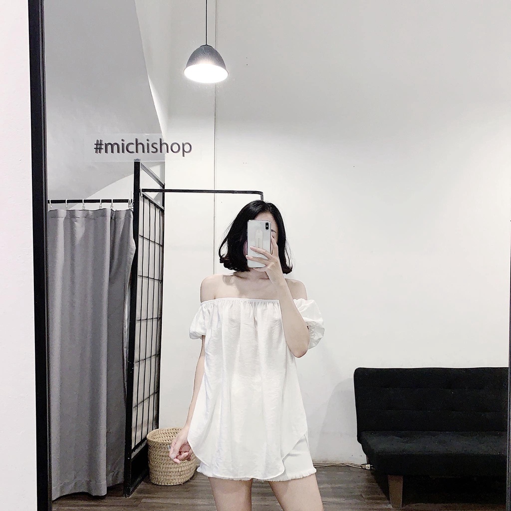Áo trễ vai tay chun màu xanh-vàng-trắng chất đũi mát dáng oversize - 80A01