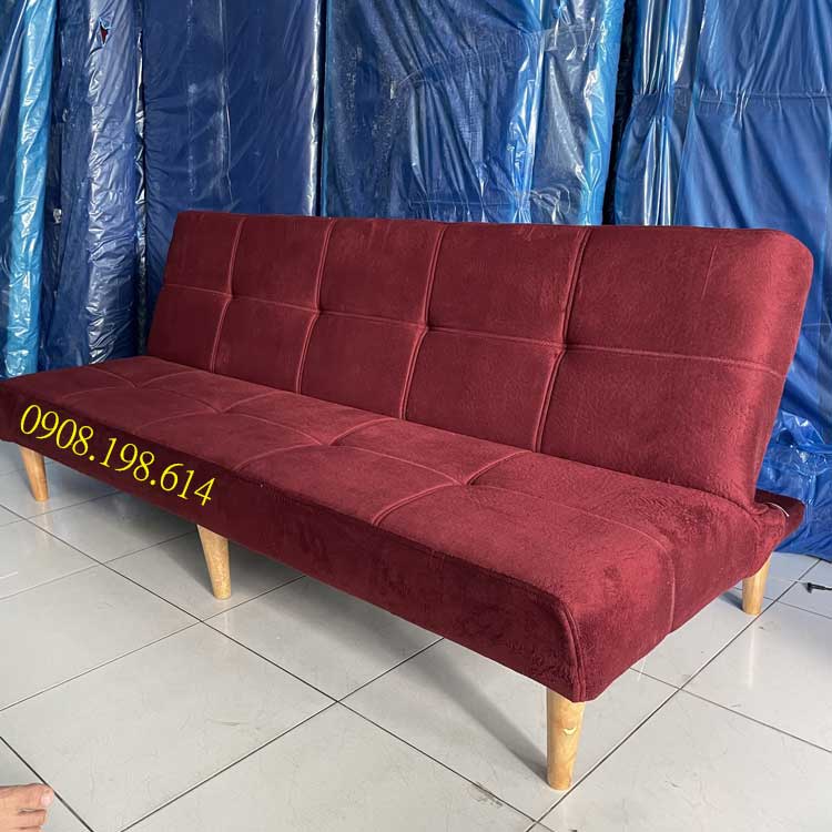 Ghế sofa Bed màu đỏ - Sofa giường vải nhung dài 1.8m chân gỗ - Salon phòng khách bọc vải màu đỏ đô