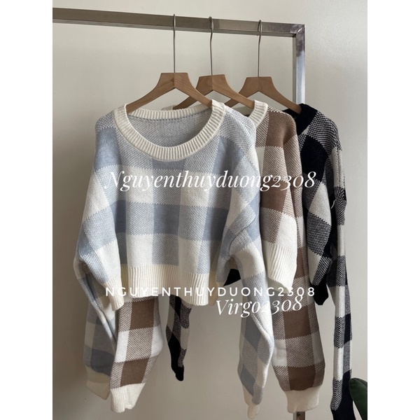 [HÀNG SẴN]ÁO LEN CROPTOP KẺ CARO cổ tròn hàng Quảng Châu