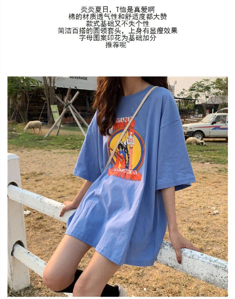 100% Cotton Short Sleeve T-shirt Women 2021 Summer New Student Korean Loose Blue Half Sleeve Top ins Tide "Delivered within 10 Days"